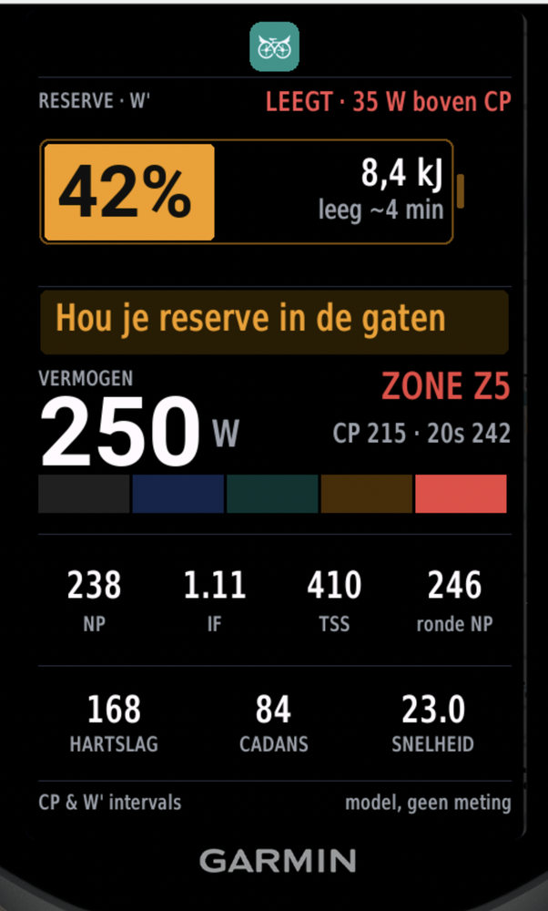 Scorta — a live W′-balance battery on the Garmin Edge, above critical power