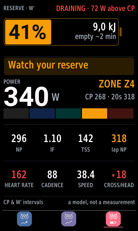 Scorta mode on the Edge 1050 — the live W′-balance battery with tactical guidance